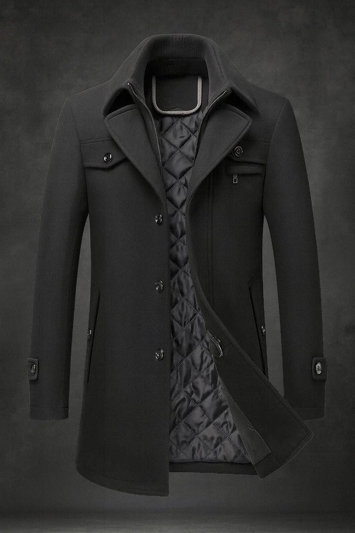 Mens Quilted-Lined Double-Collar Tailored Wool Overcoat