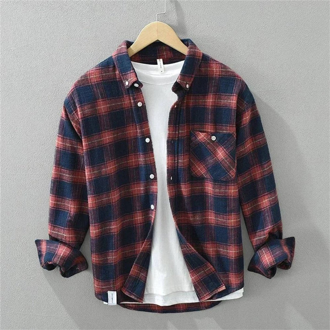 Men's Relaxed-Fit Brushed Cotton Flannel Check Shirt Long Sleeve