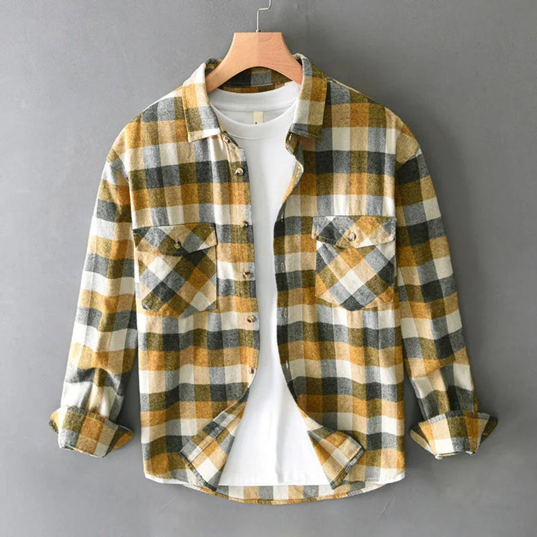 Men's Relaxed-Fit Flannel Check Shirt Twin-Pocket Long-Sleeve