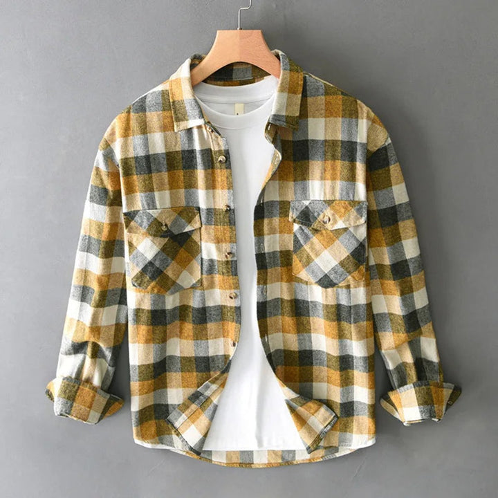 Men's Relaxed-Fit Flannel Check Shirt Twin-Pocket Long-Sleeve