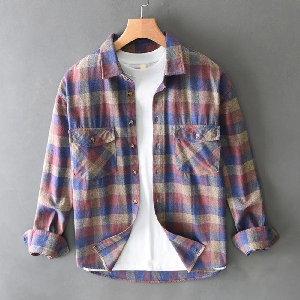 Men's Relaxed-Fit Flannel Check Shirt Twin-Pocket Long-Sleeve