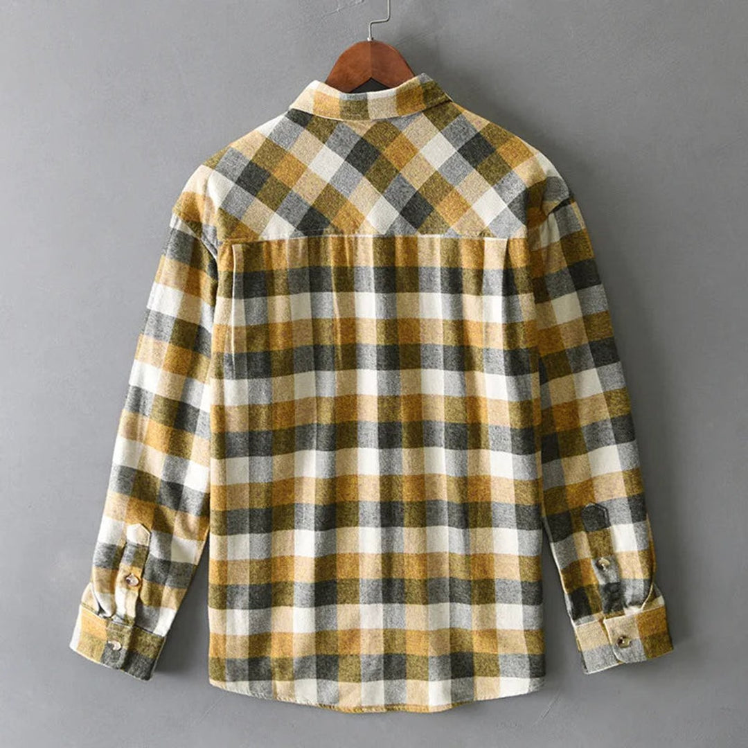 Men's Relaxed-Fit Flannel Check Shirt Twin-Pocket Long-Sleeve