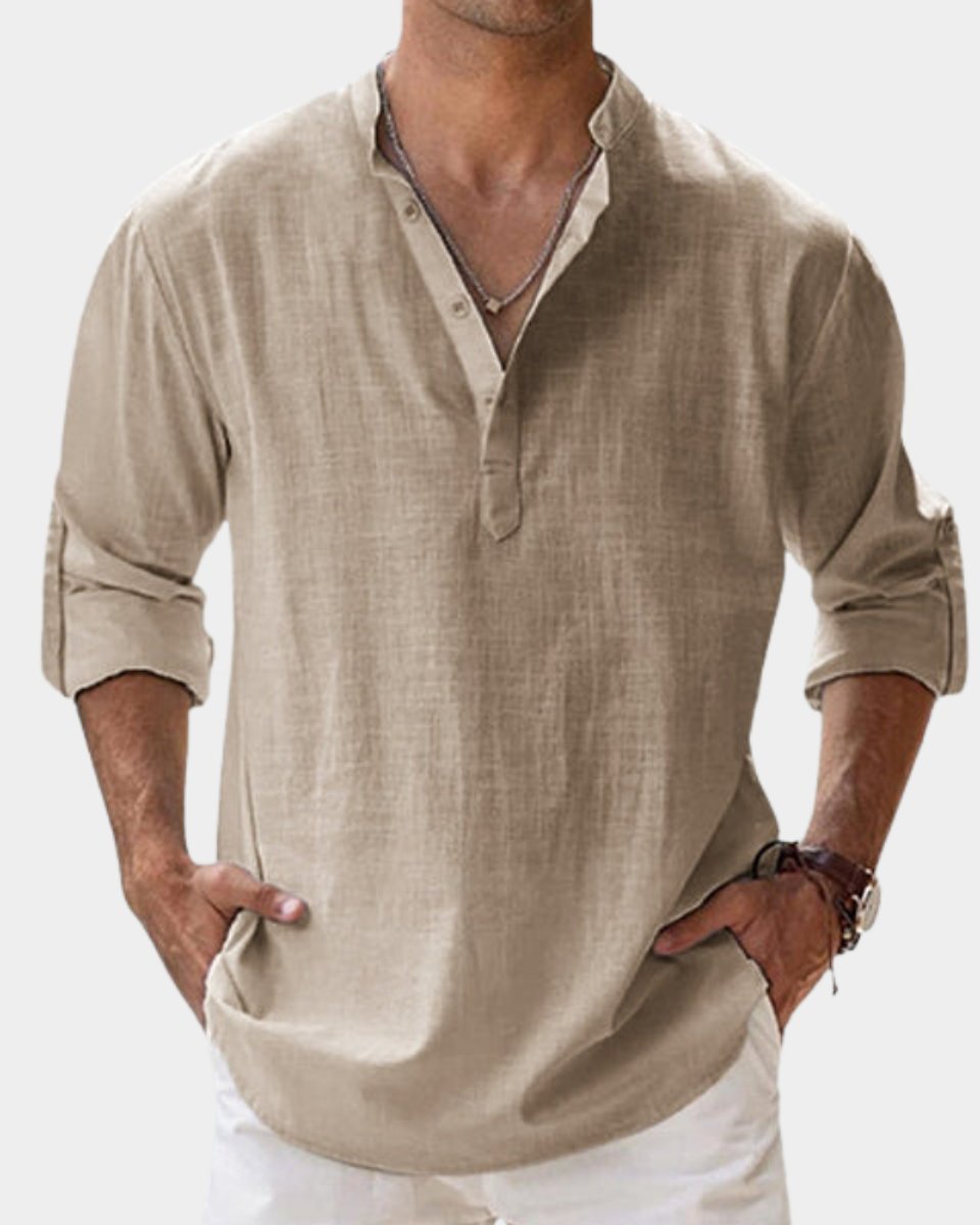 Men's Relaxed-Fit Henley Long-Sleeve Linen Casual Shirt