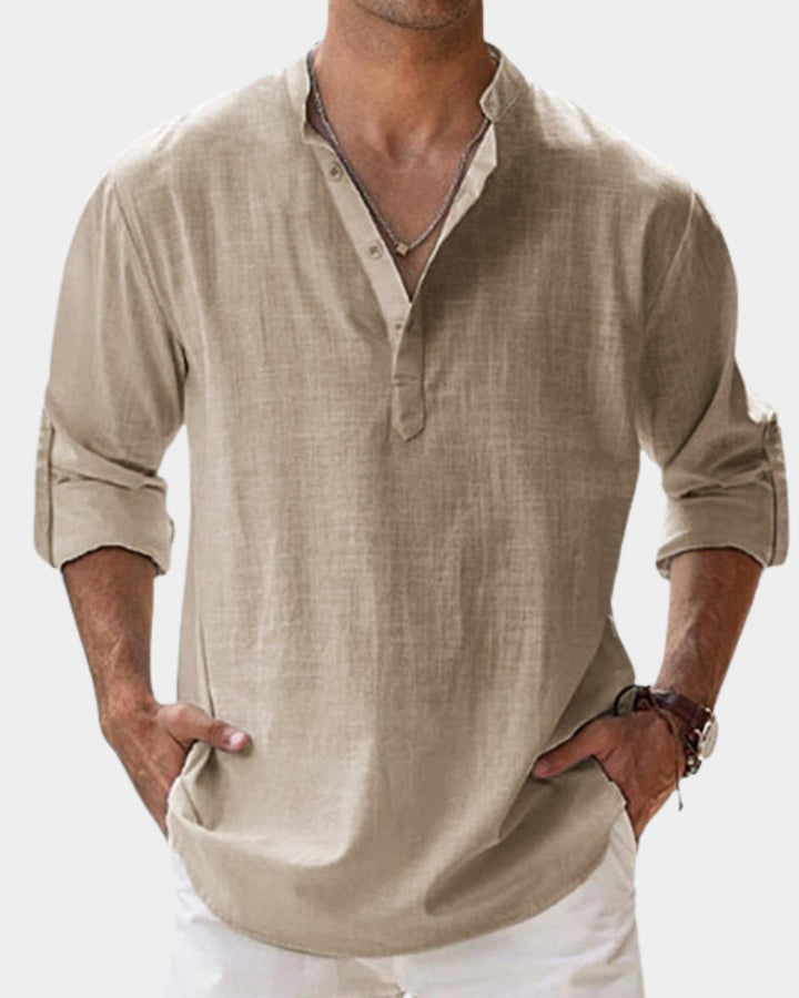 Men's Relaxed-Fit Henley Long-Sleeve Linen Casual Shirt