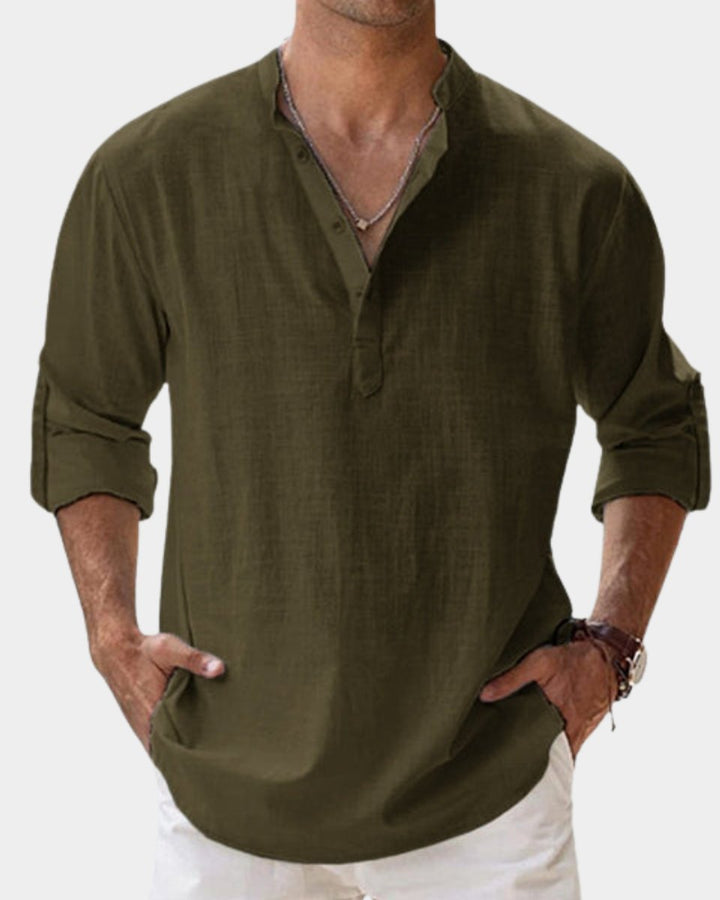 Men's Relaxed-Fit Henley Long-Sleeve Linen Casual Shirt