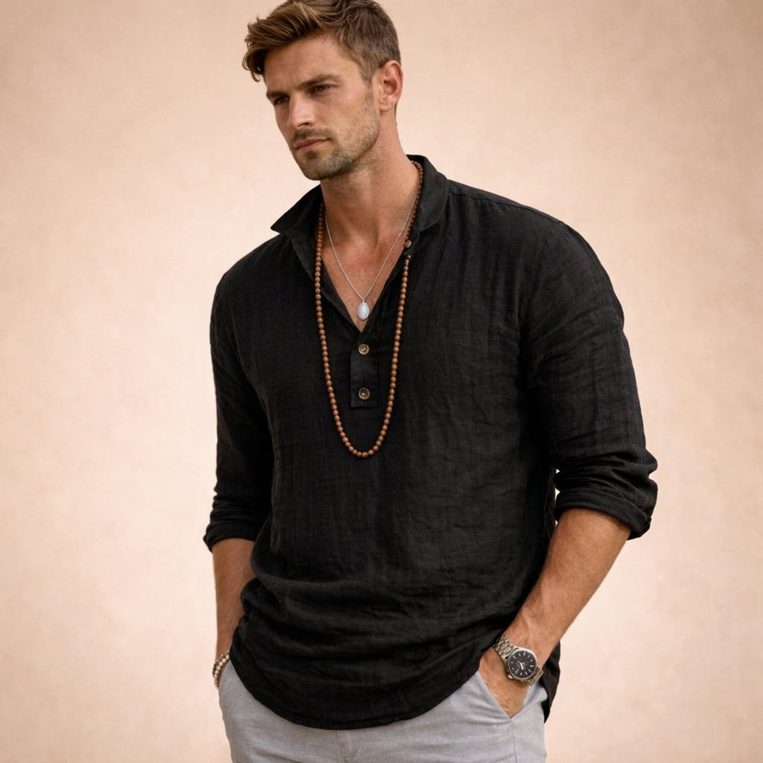 Men's Relaxed-Fit Linen Henley Long-Sleeve Shirt
