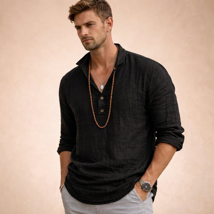 Men's Relaxed-Fit Linen Henley Long-Sleeve Shirt