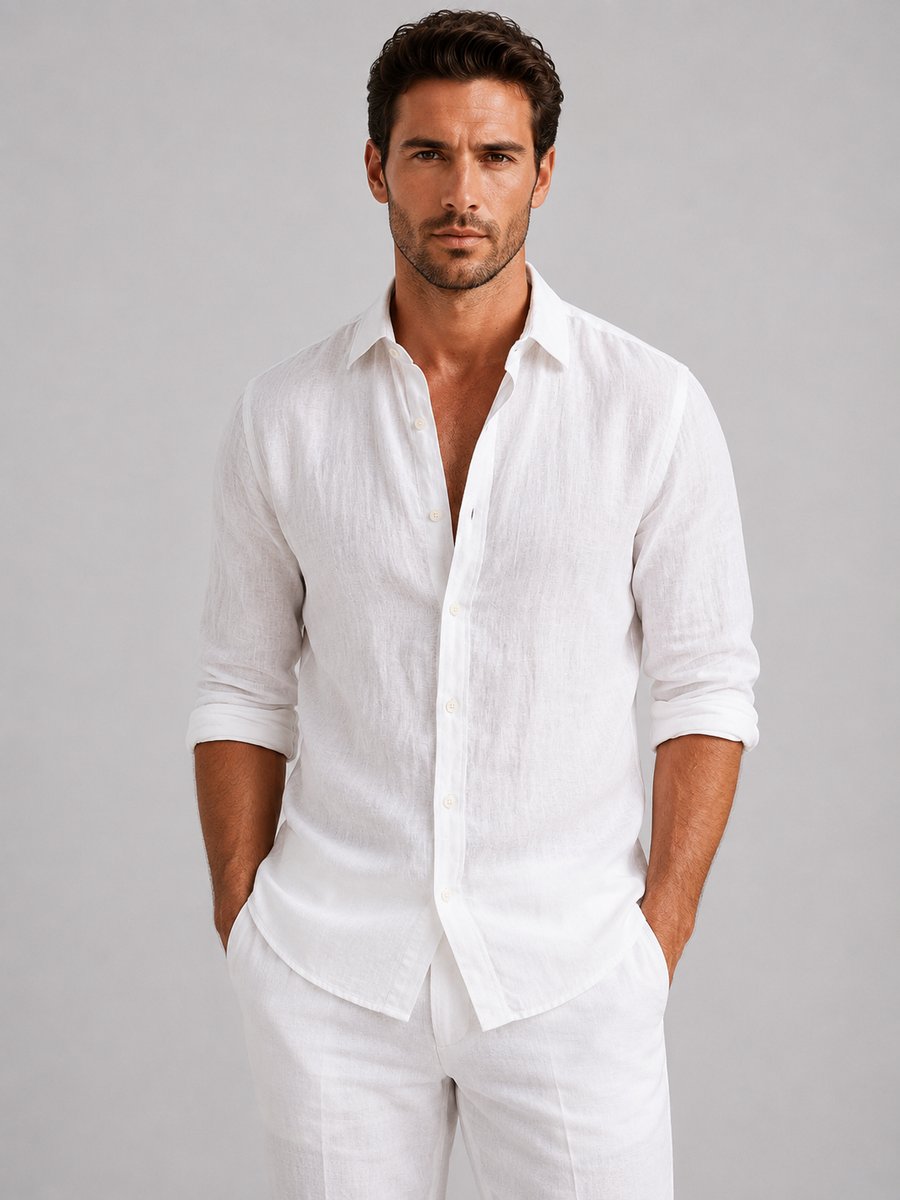 Men's Relaxed Fit Linen Long-Sleeve Button-Up Shirt