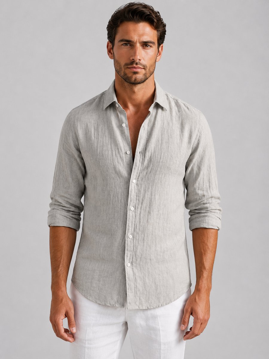 Men's Relaxed Fit Linen Long-Sleeve Button-Up Shirt