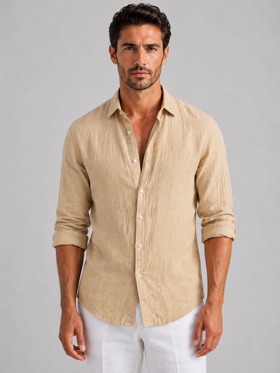Men's Relaxed Fit Linen Long-Sleeve Button-Up Shirt