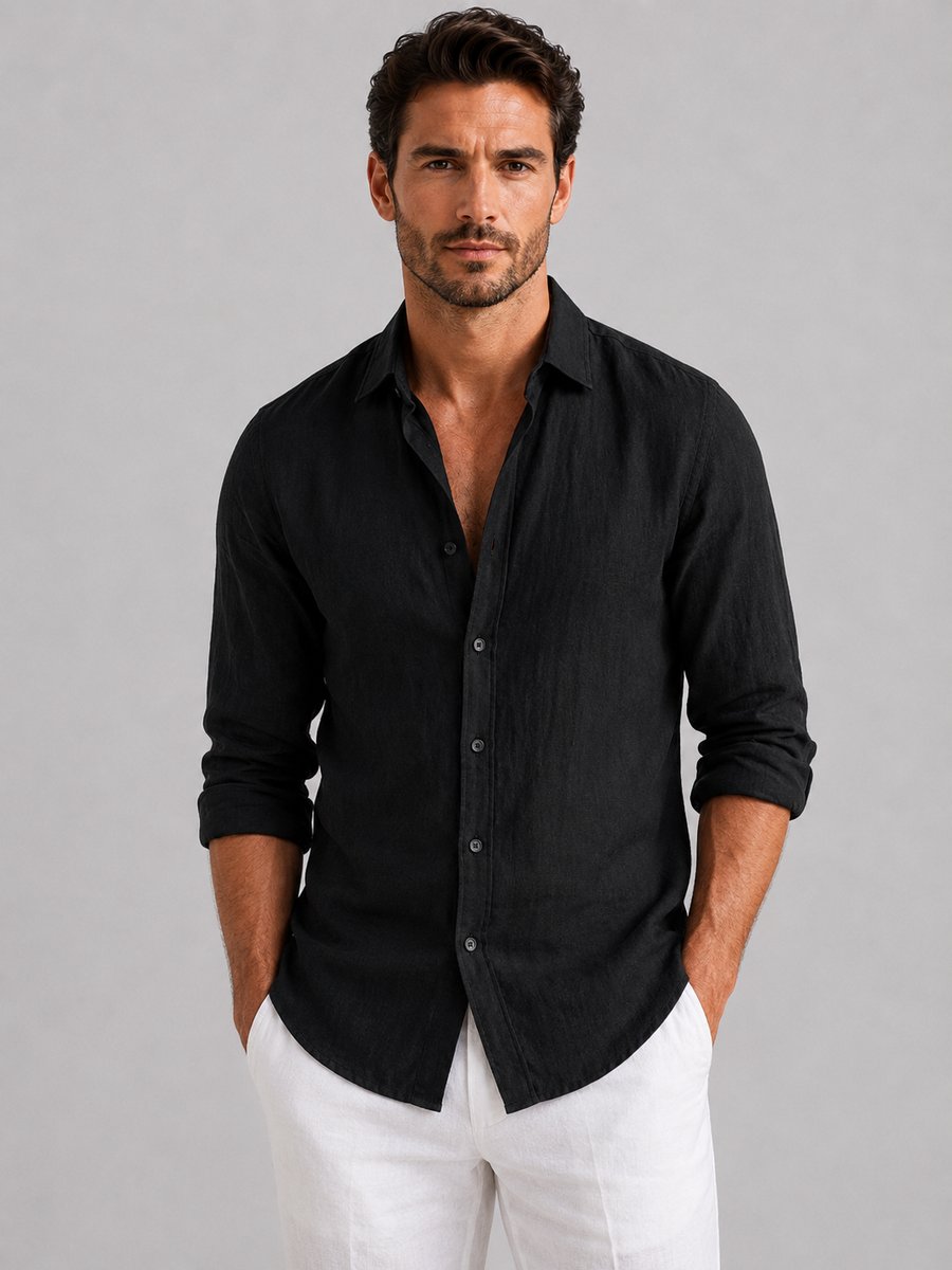 Men's Relaxed Fit Linen Long-Sleeve Button-Up Shirt