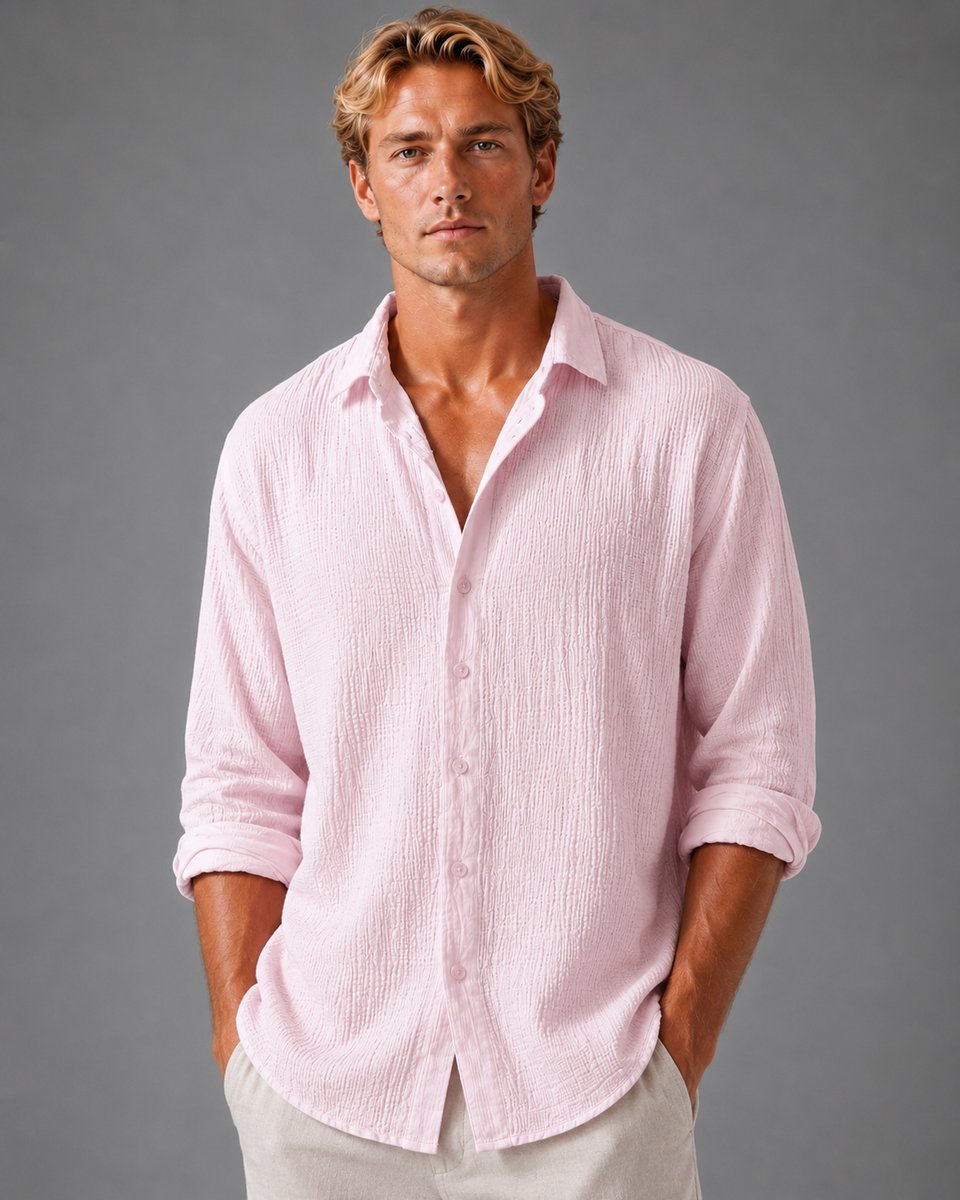Men's Relaxed Fit Linen Look Textured Long Sleeve Shirt Button-Up