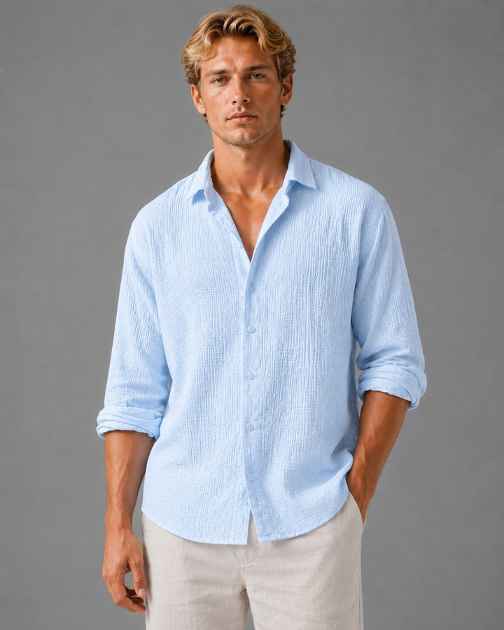 Men's Relaxed Fit Linen Look Textured Long Sleeve Shirt Button-Up