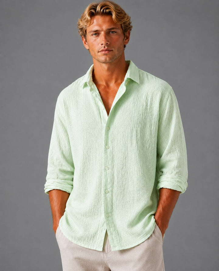 Men's Relaxed Fit Linen Look Textured Long Sleeve Shirt Button-Up