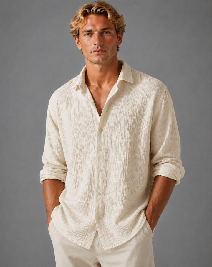 Men's Relaxed Fit Linen Look Textured Long Sleeve Shirt Button-Up
