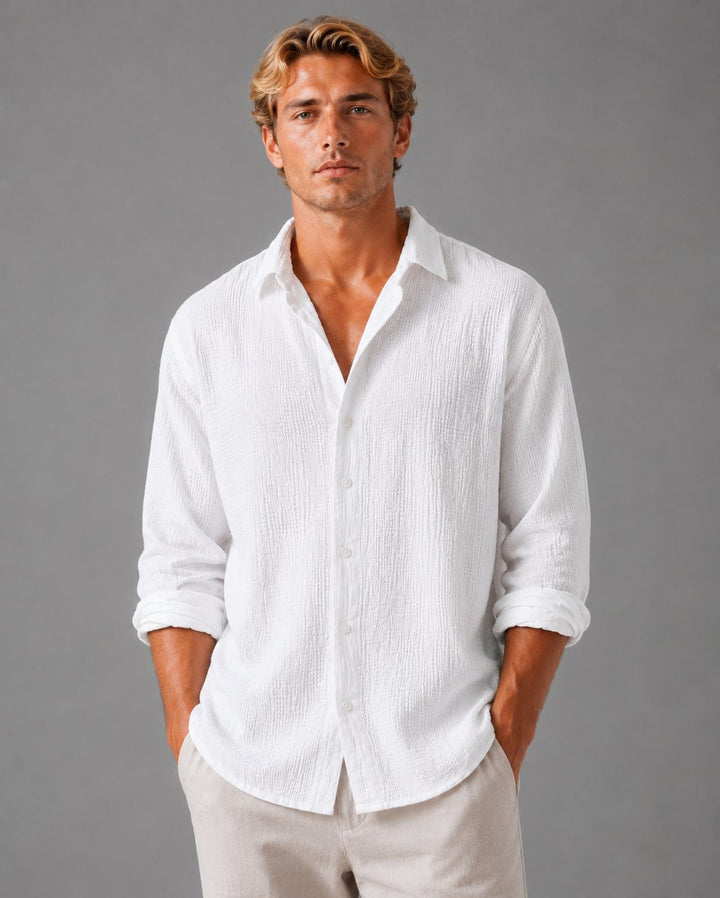 Men's Relaxed Fit Linen Look Textured Long Sleeve Shirt Button-Up