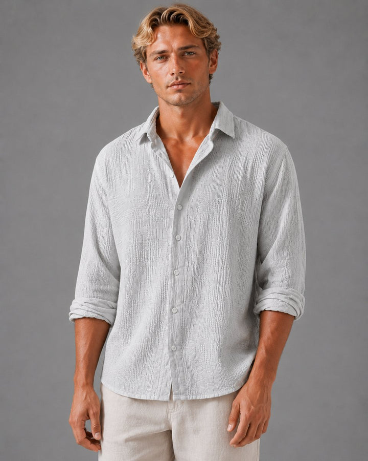 Men's Relaxed Fit Linen Look Textured Long Sleeve Shirt Button-Up