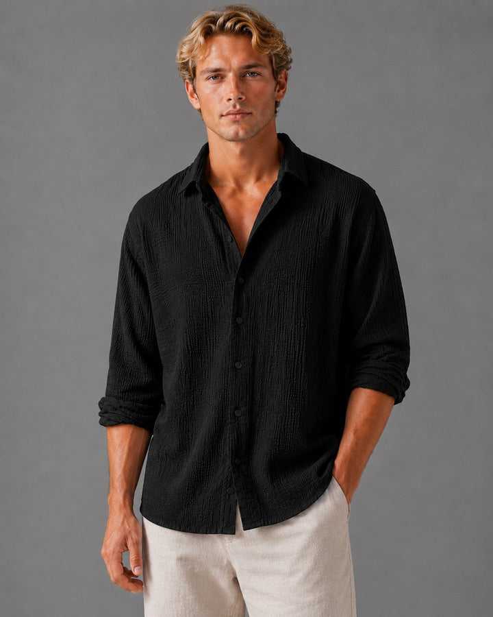 Men's Relaxed Fit Linen Look Textured Long Sleeve Shirt Button-Up