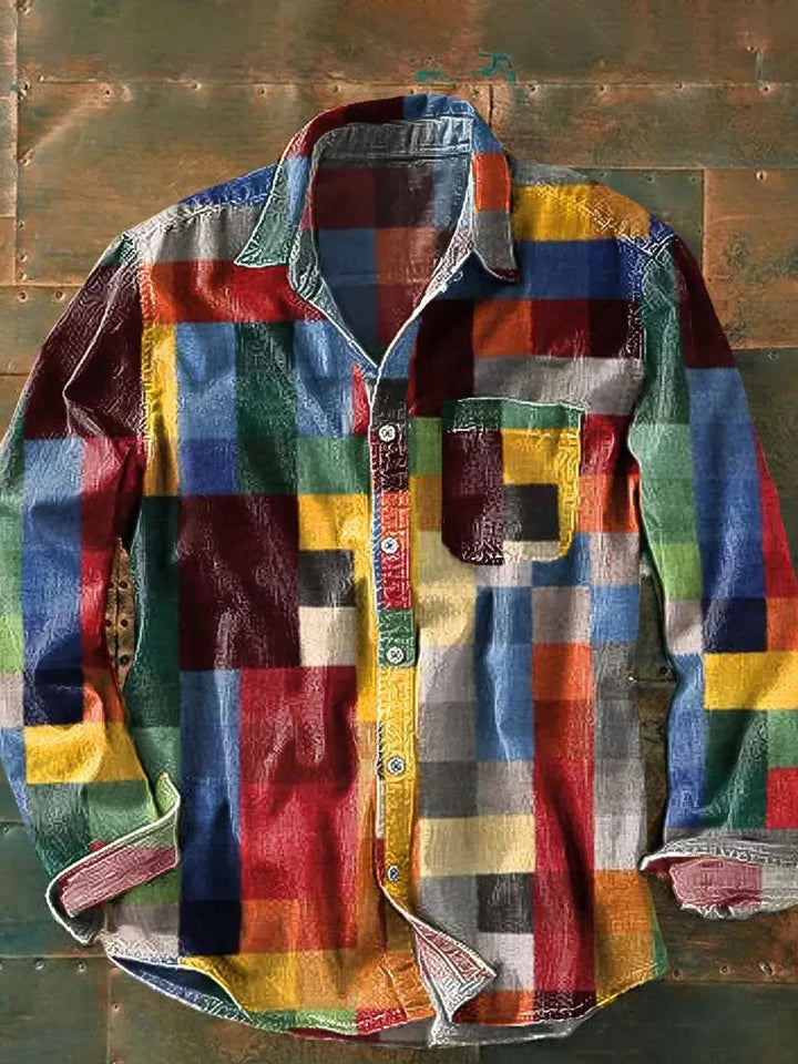 Men's Relaxed-Fit Long-Sleeve Check Flannel Shirt Colourful Patchwork
