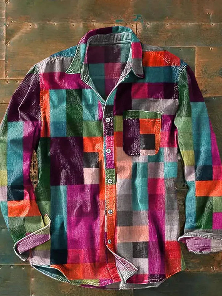 Men's Relaxed-Fit Long-Sleeve Check Flannel Shirt Colourful Patchwork