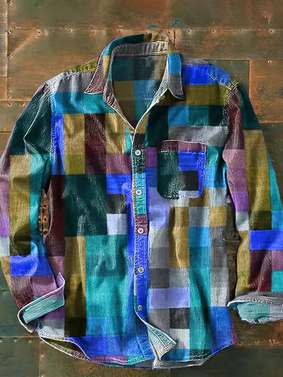 Men's Relaxed-Fit Long-Sleeve Check Flannel Shirt Colourful Patchwork