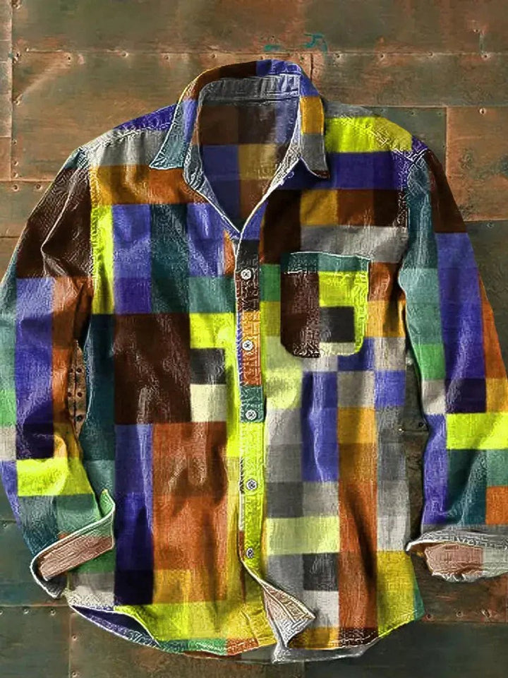 Men's Relaxed-Fit Long-Sleeve Check Flannel Shirt Colourful Patchwork