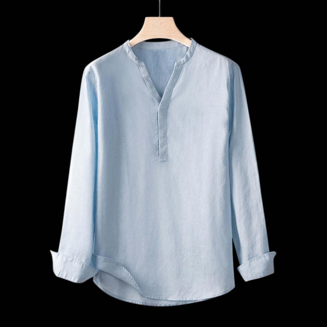 Mens Relaxed-Fit Long-Sleeve Linen V-Neck Pullover Shirt