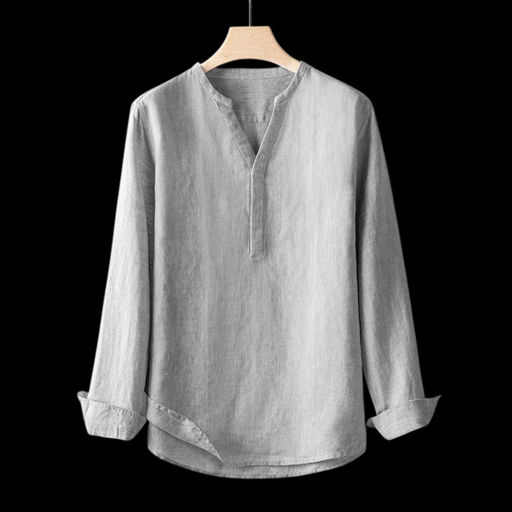 Mens Relaxed-Fit Long-Sleeve Linen V-Neck Pullover Shirt