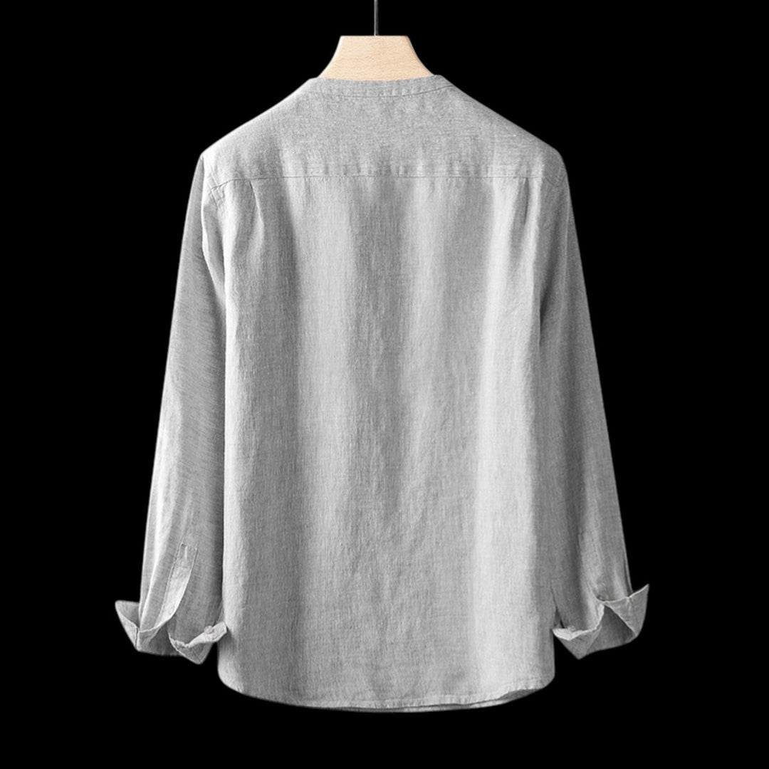 Mens Relaxed-Fit Long-Sleeve Linen V-Neck Pullover Shirt