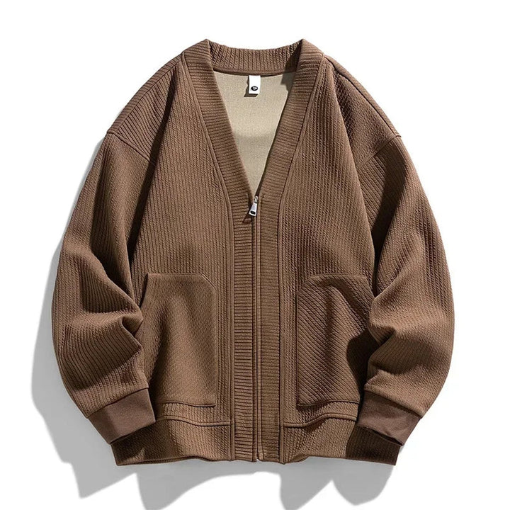 Men's Relaxed-Fit Ribbed Zip-Up Cardigan Jumper Dropped-Shoulder