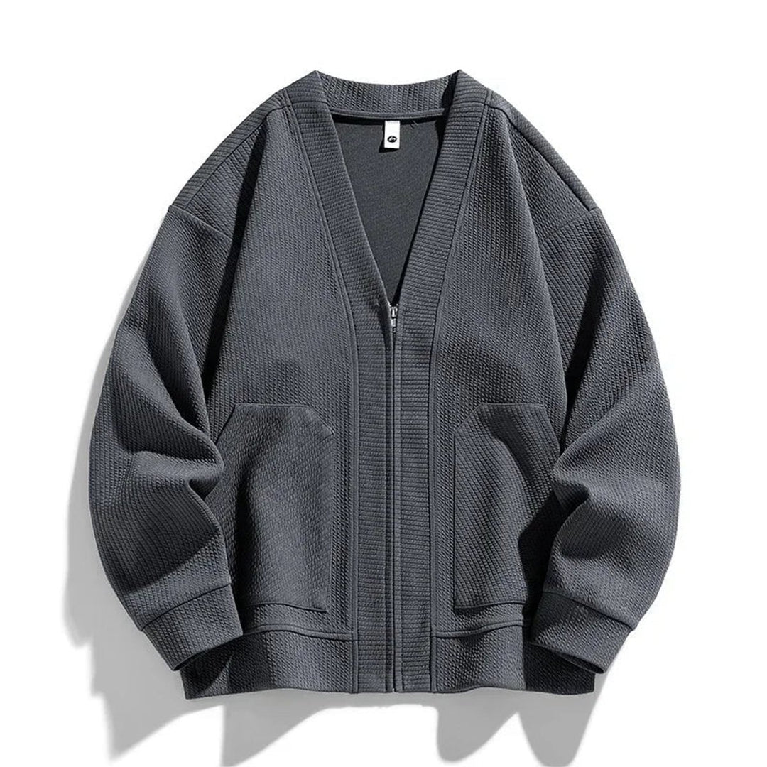Men's Relaxed-Fit Ribbed Zip-Up Cardigan Jumper Dropped-Shoulder