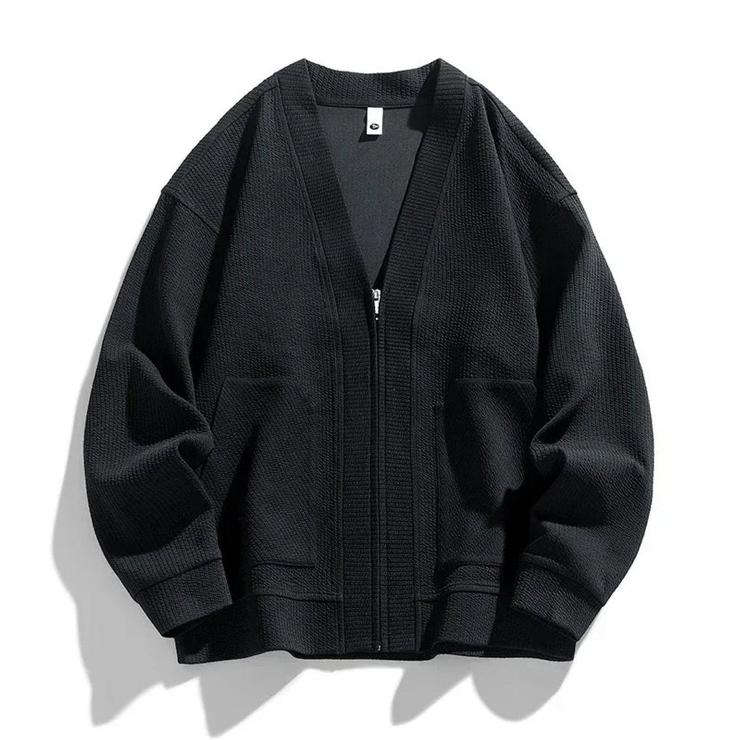 Men's Relaxed-Fit Ribbed Zip-Up Cardigan Jumper Dropped-Shoulder