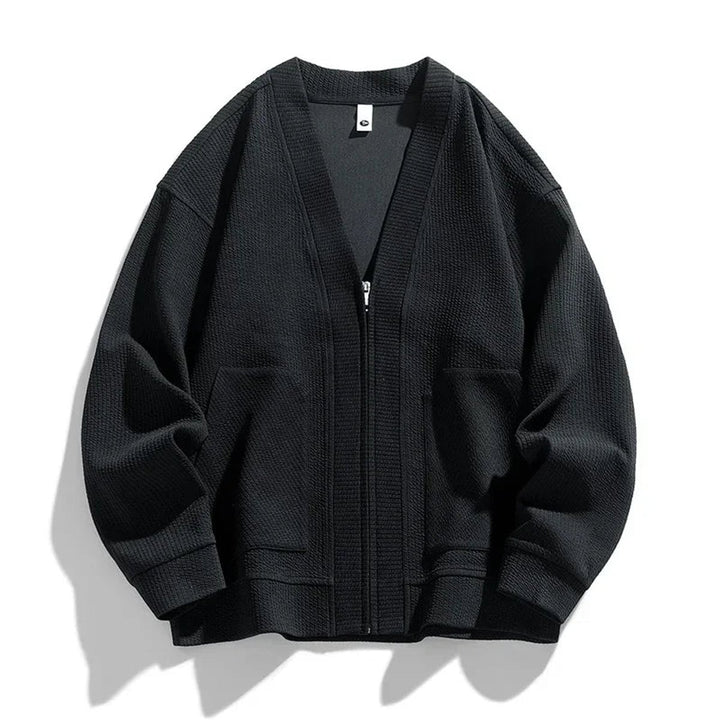 Men's Relaxed-Fit Ribbed Zip-Up Cardigan Jumper Dropped-Shoulder