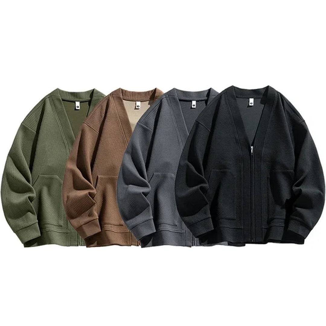 Men's Relaxed-Fit Ribbed Zip-Up Cardigan Jumper Dropped-Shoulder