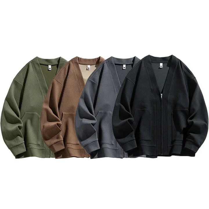 Men's Relaxed-Fit Ribbed Zip-Up Cardigan Jumper Dropped-Shoulder