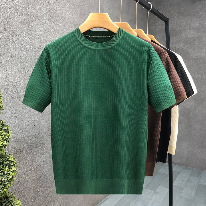 Mens Ribbed Knit Crewneck Jumper Lightweight Short Sleeve Pullover