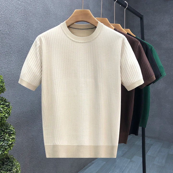 Mens Ribbed Knit Crewneck Jumper Lightweight Short Sleeve Pullover