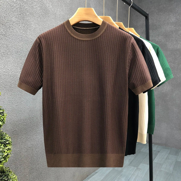 Mens Ribbed Knit Crewneck Jumper Lightweight Short Sleeve Pullover