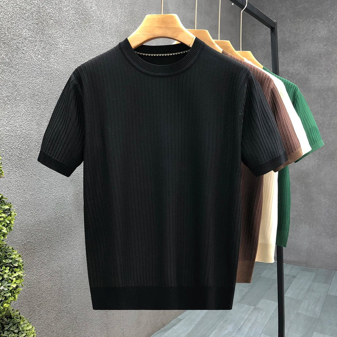 Mens Ribbed Knit Crewneck Jumper Lightweight Short Sleeve Pullover