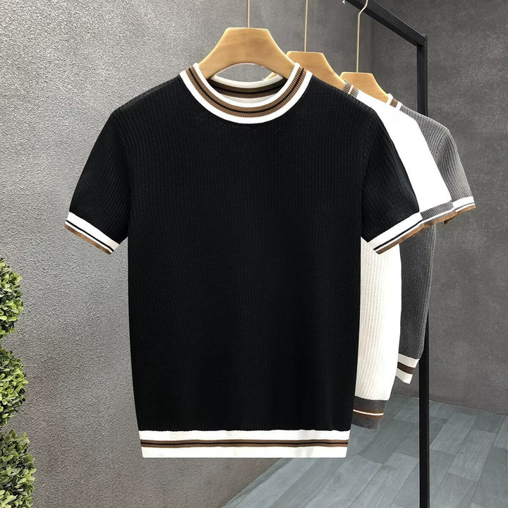 Mens Ribbed Knit Crewneck Jumper Striped Trim Cotton