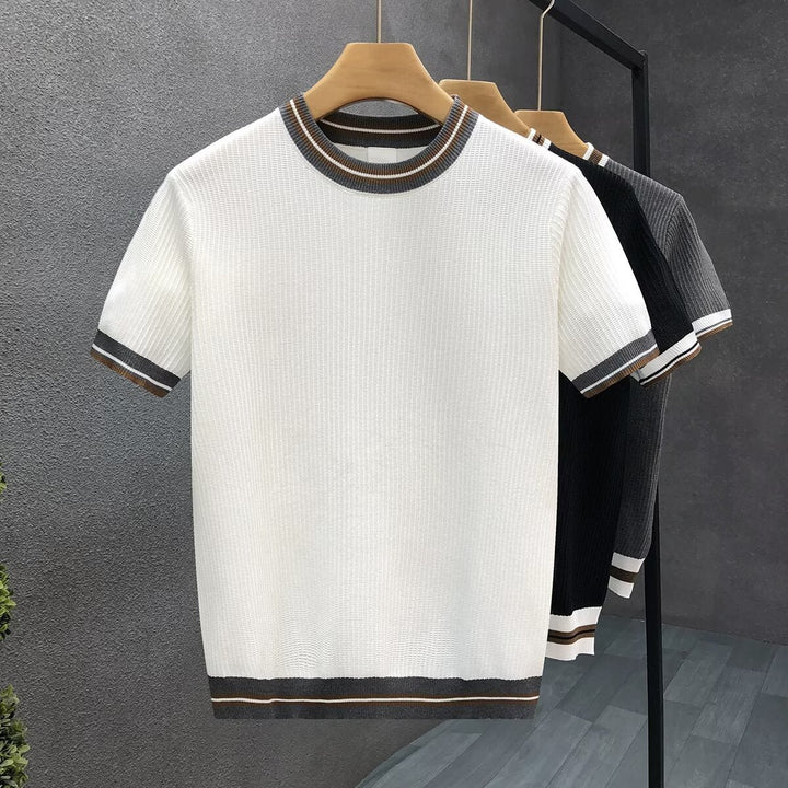 Mens Ribbed Knit Crewneck Jumper Striped Trim Cotton