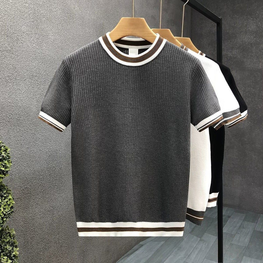 Mens Ribbed Knit Crewneck Jumper Striped Trim Cotton