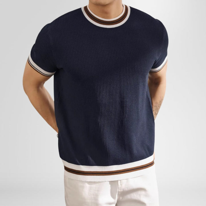 Mens Ribbed Knit Crewneck Jumper Striped Trim Cotton