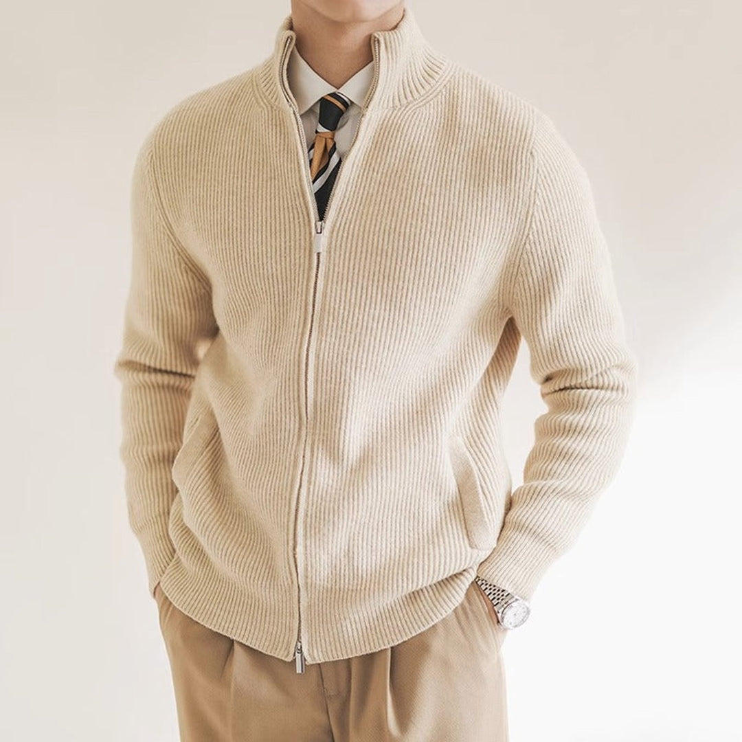Men's Ribbed-Knit Full-Zip Cardigan Jumper Stand Collar