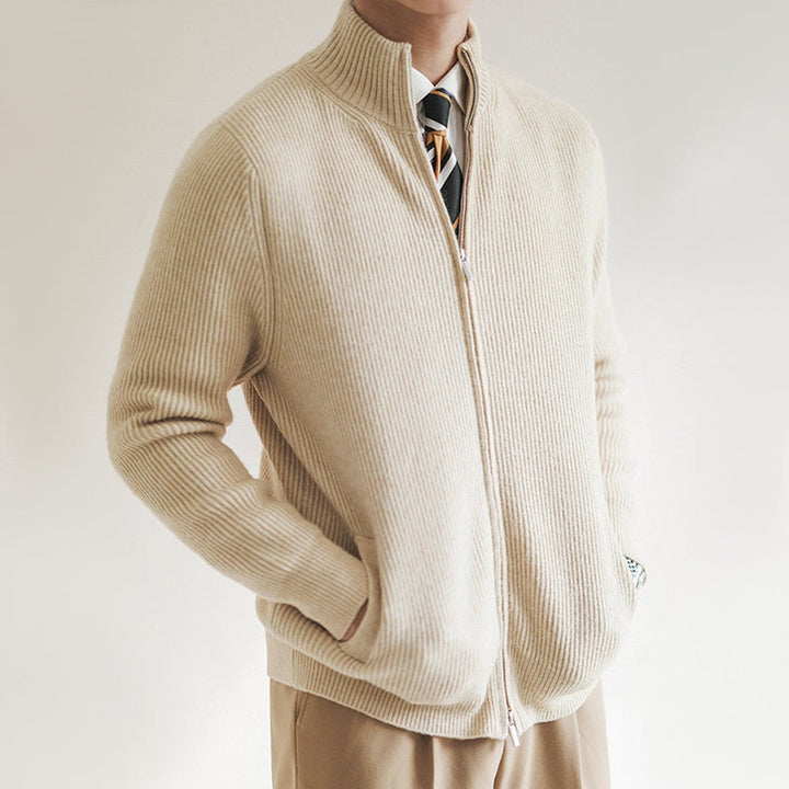 Men's Ribbed-Knit Full-Zip Cardigan Jumper Stand Collar