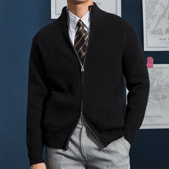 Men's Ribbed-Knit Full-Zip Cardigan Jumper Stand Collar