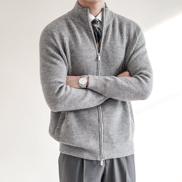 Men's Ribbed-Knit Full-Zip Cardigan Jumper Stand Collar