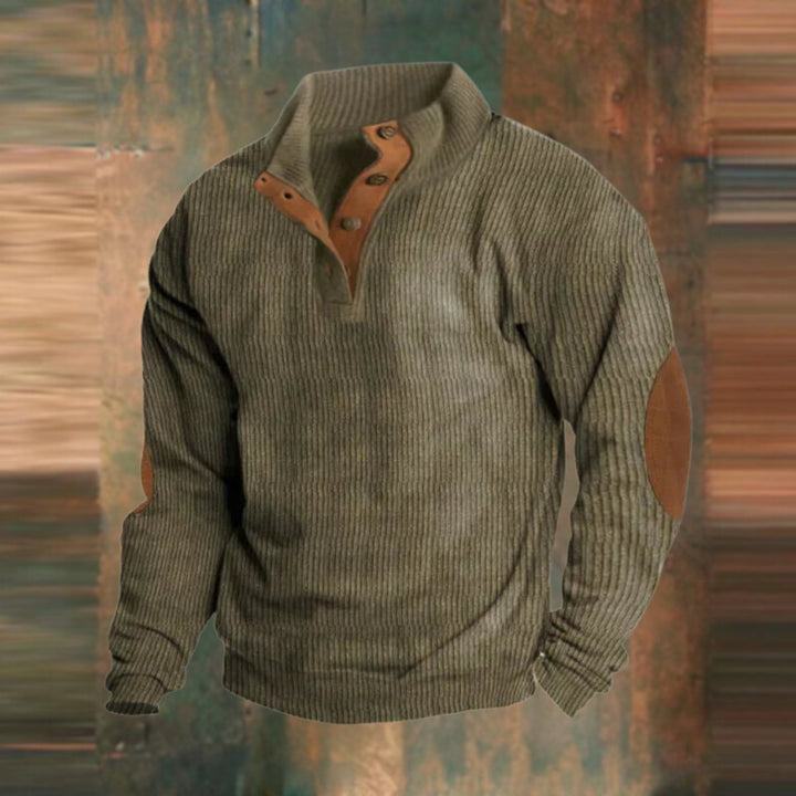 Men's Ribbed Knit Quarter-Button Jumper Elbow Patch Pullover