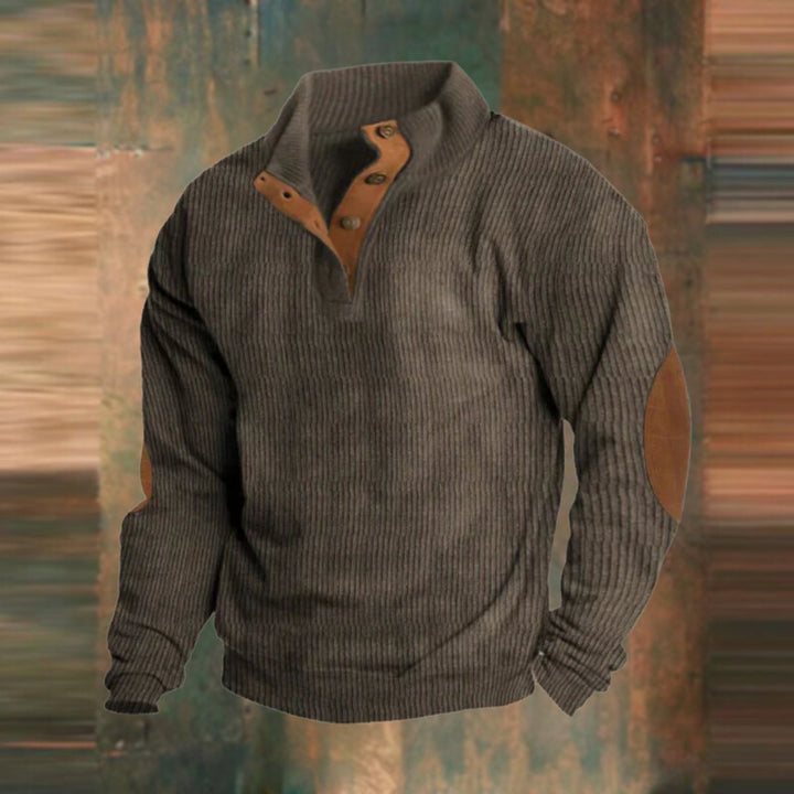 Men's Ribbed Knit Quarter-Button Jumper Elbow Patch Pullover