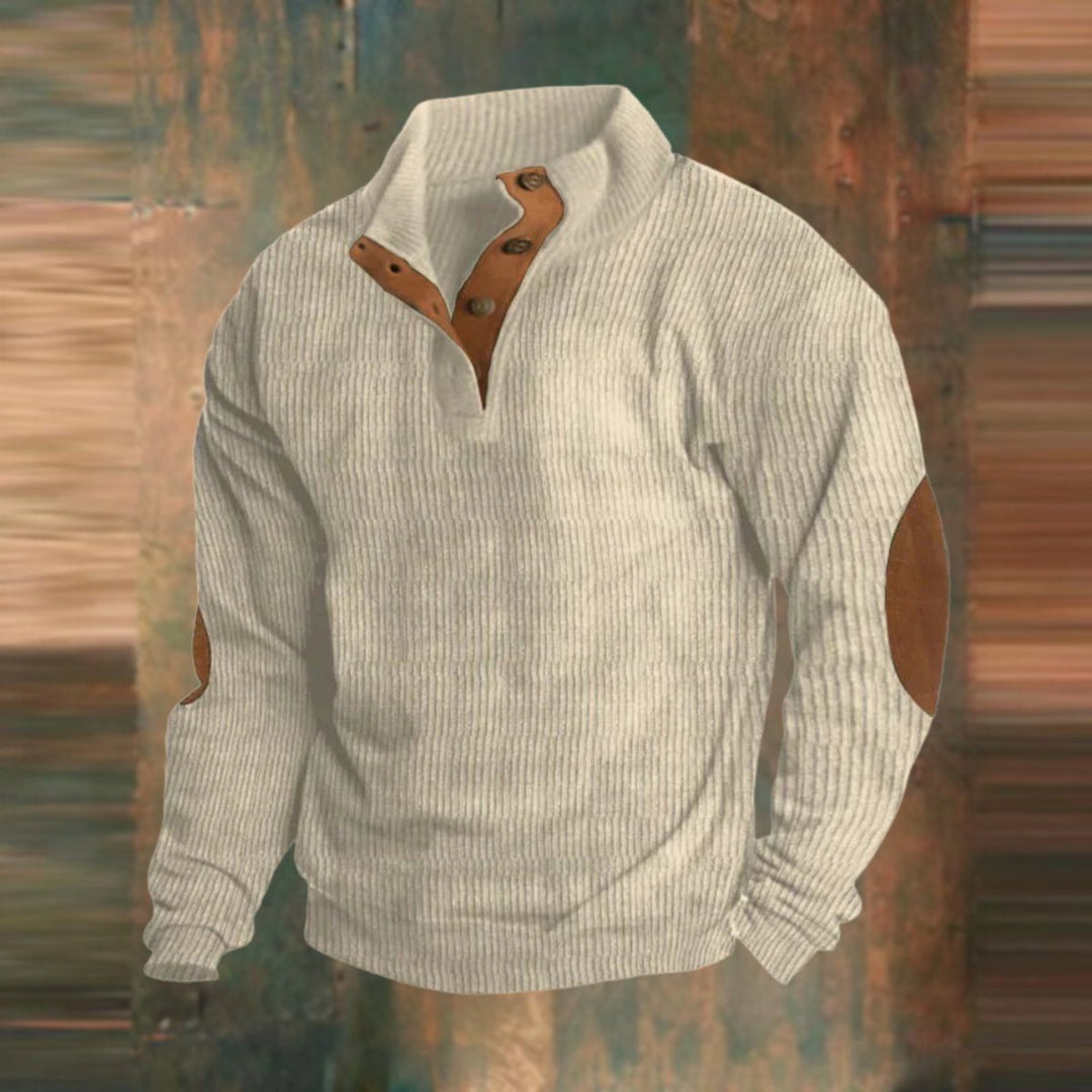 Men's Ribbed Knit Quarter-Button Jumper Elbow Patch Pullover